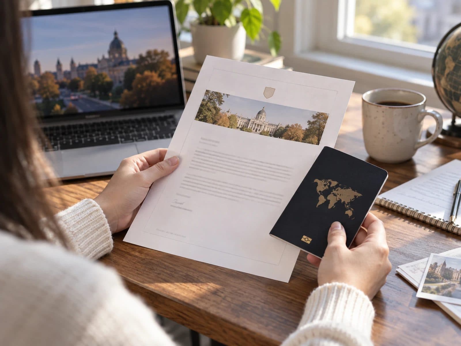 A student holding a university offer letter and a passport